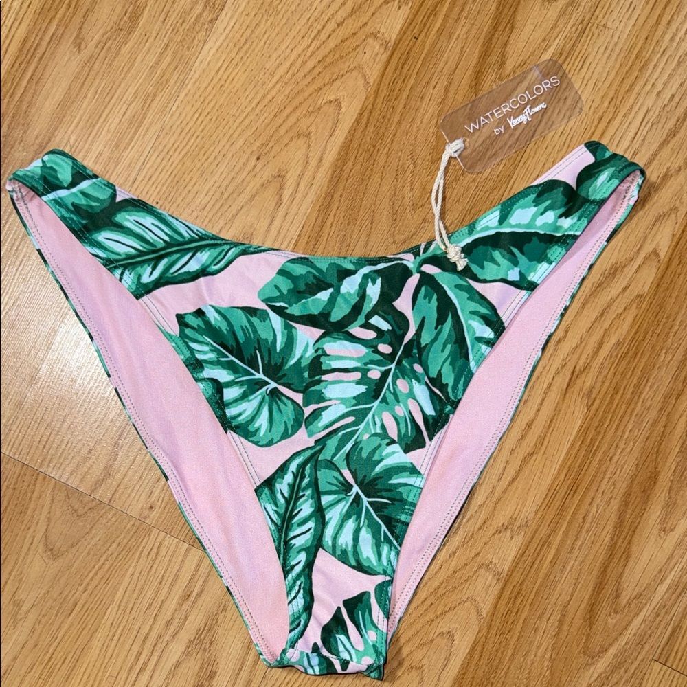 NWT Watercolors Kenny Flowers Pink Green Leaf Bikini Bottom Large Swim Beach